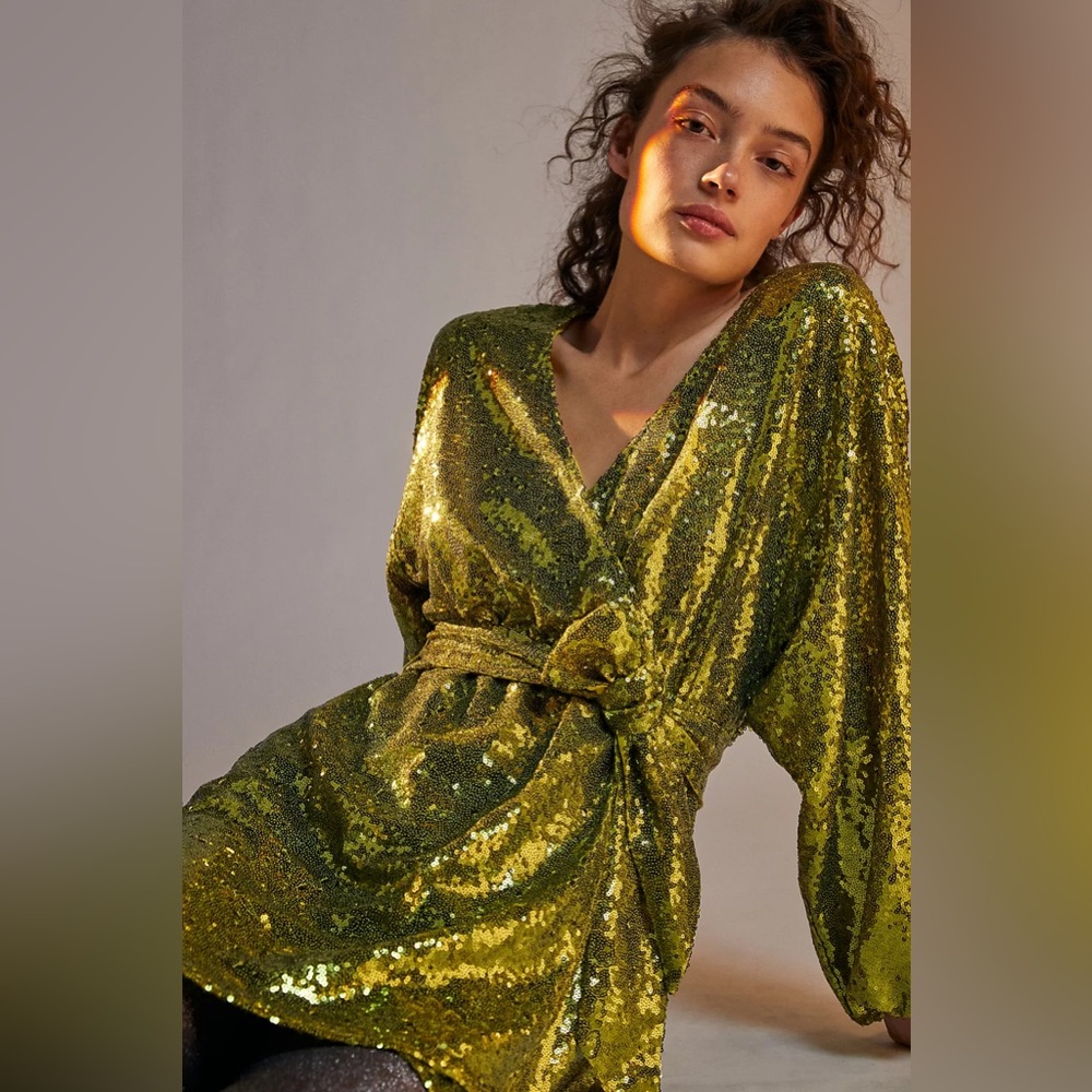 Anthropologie Lisabette Sequined Mini Dress in Chartreuse